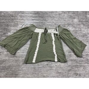 Papaya Top Womens Small Green 3/4 Sleeve Cropped Crochet‎ Rayon Cotton